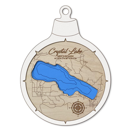 Crystal Lake MI Custom 3D Layered Wood Lake Map Ornament | Handcrafted Bathymetric Art