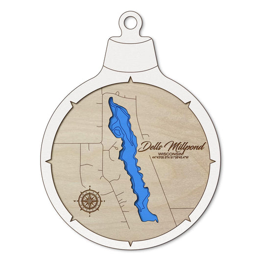 Dells Millpond WI Custom 3D Layered Wood Lake Map Ornament | Handcrafted Bathymetric Art