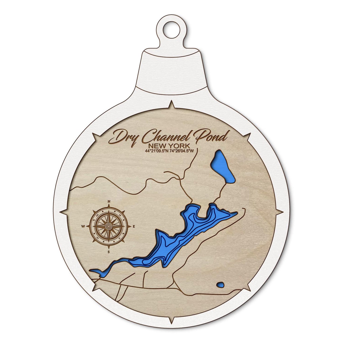 Dry Channel Pond NY Custom 3D Layered Wood Lake Map Ornament | Handcrafted Bathymetric Art
