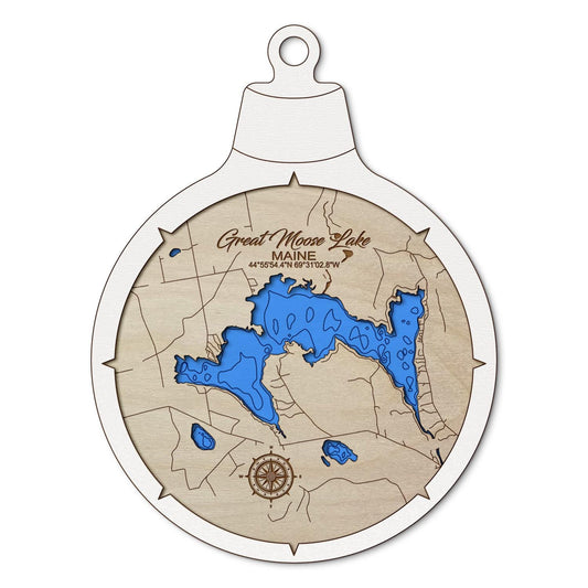 Great Moose Lake ME Custom 3D Layered Wood Lake Map Ornament | Handcrafted Bathymetric Art