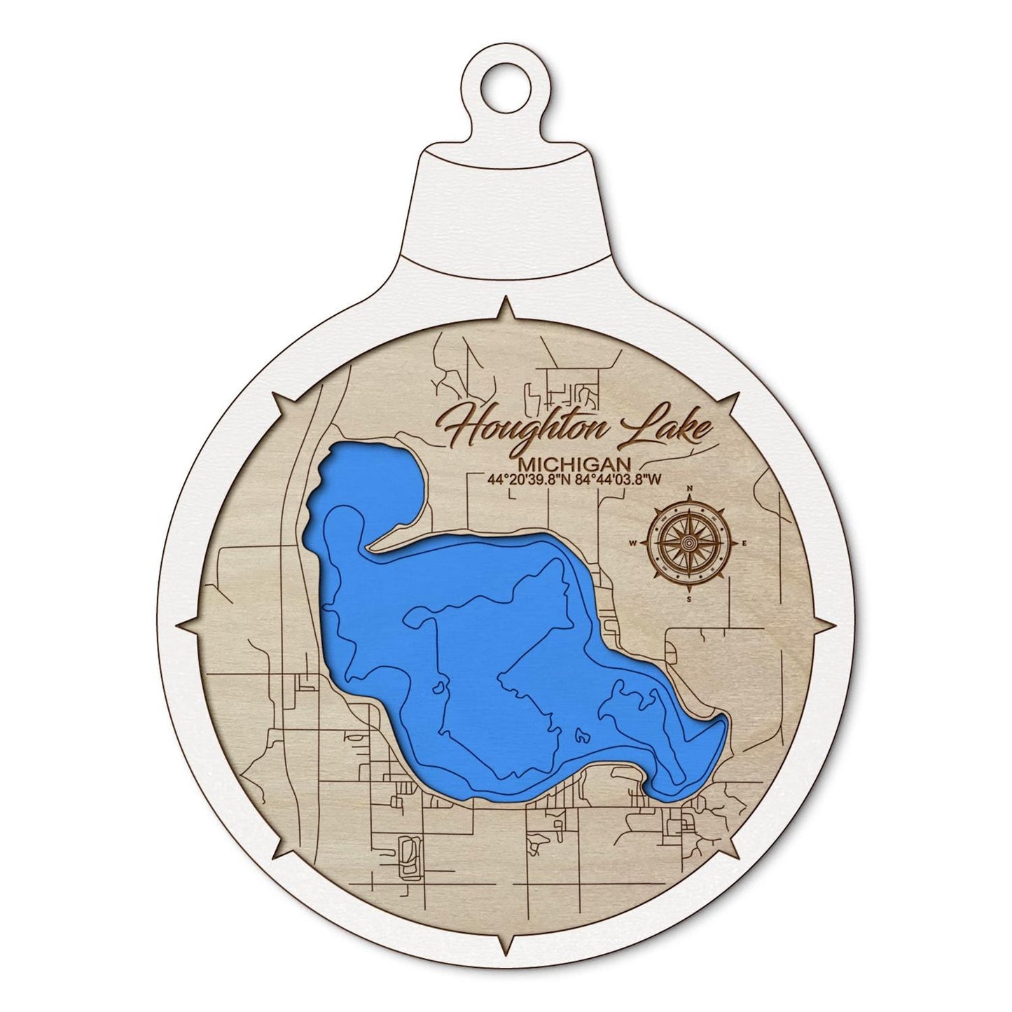 Houghton Lake MI Custom 3D Layered Wood Lake Map Ornament | Handcrafted Bathymetric Art