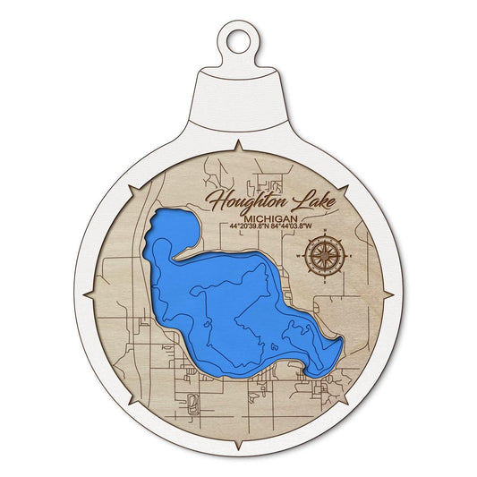 Houghton Lake MI Custom 3D Layered Wood Lake Map Ornament | Handcrafted Bathymetric Art