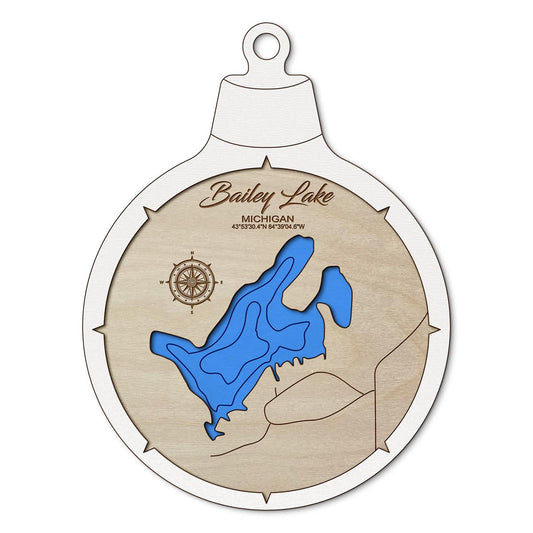 Bailey Lake, Michigan Custom 3D Layered Wood Lake Map Ornament | Handcrafted Bathymetric Art