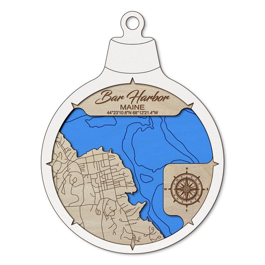 Bar Harbor, Maine Custom 3D Layered Wood Lake Map Ornament | Handcrafted Bathymetric Art