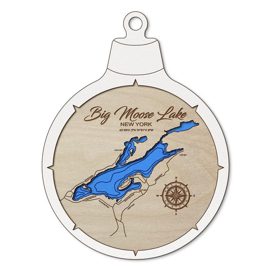 Big Moose Lake, New York Custom 3D Layered Wood Lake Map Ornament | Handcrafted Bathymetric Art