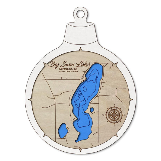 Big Swan Lake, Minnesota Custom 3D Layered Wood Lake Map Ornament | Handcrafted Bathymetric Art