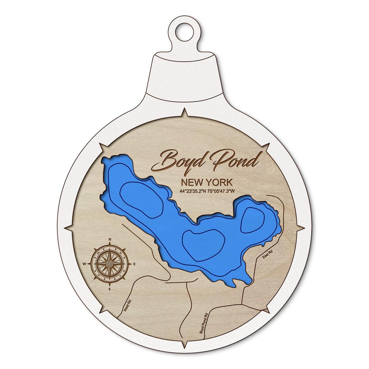 Boyd Pond, New York Custom 3D Layered Wood Lake Map Ornament | Handcrafted Bathymetric Art