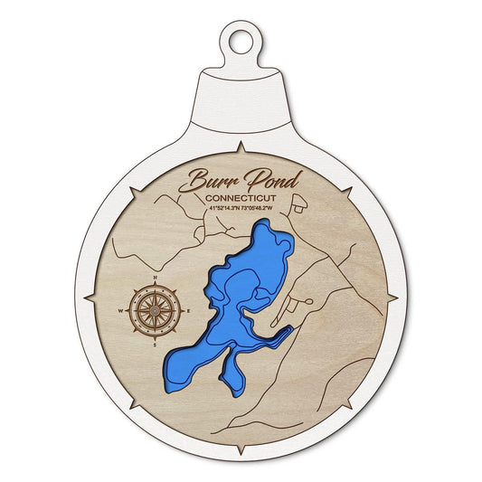 Burr Pond CT Custom 3D Layered Wood Lake Map Ornament | Handcrafted Bathymetric Art