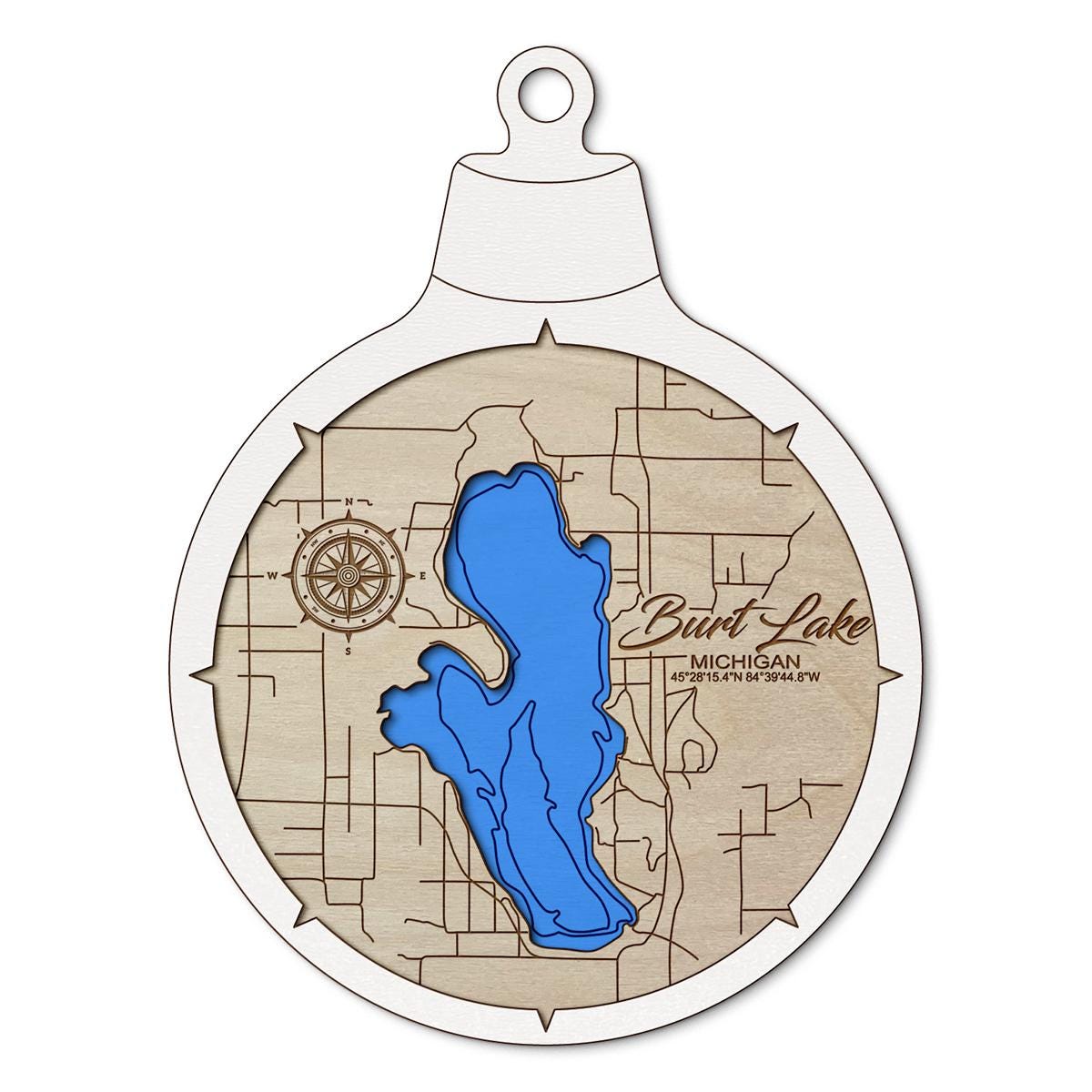 Burt Lake MI Custom 3D Layered Wood Lake Map Ornament | Handcrafted Bathymetric Art