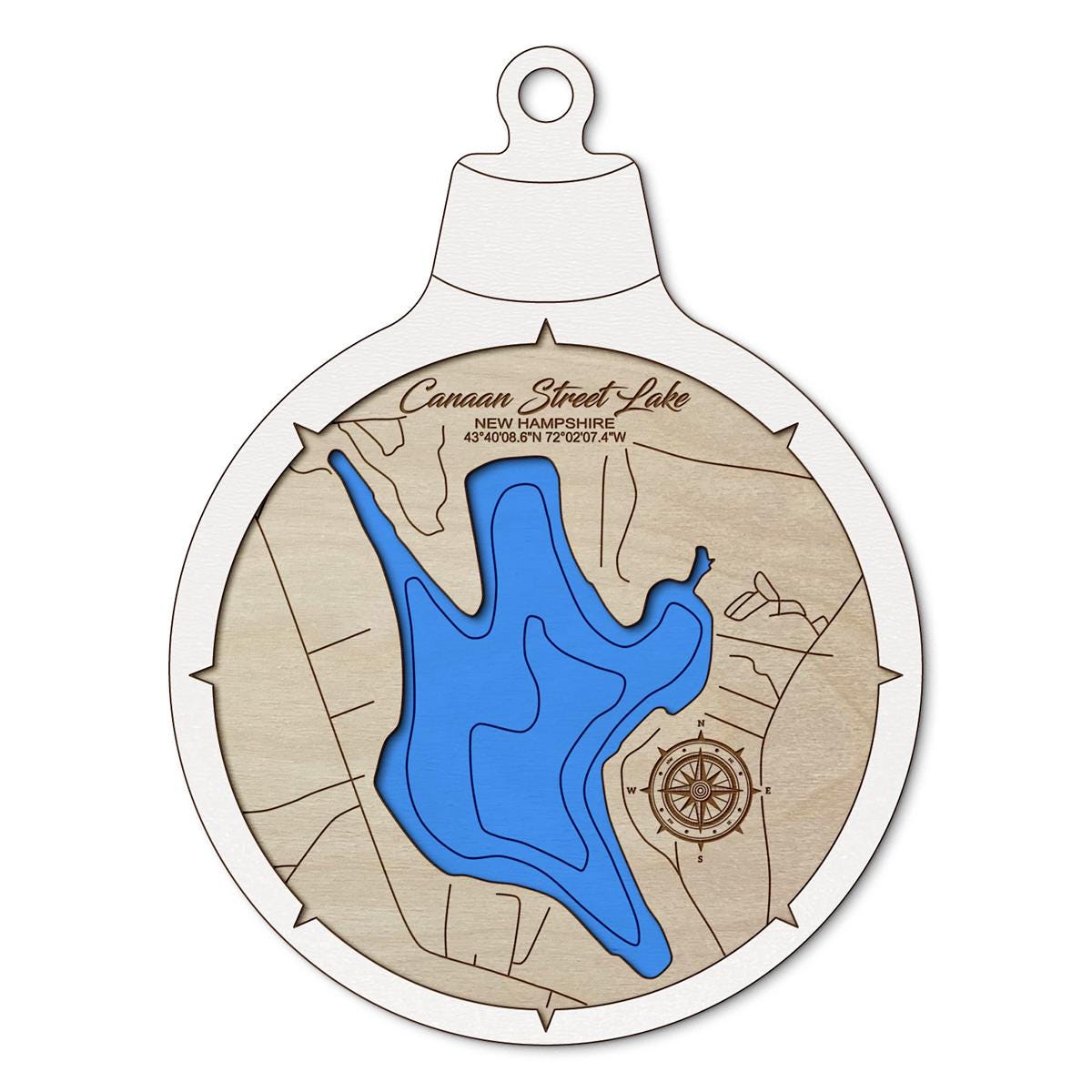 Canaan Street Lake NH Custom 3D Layered Wood Lake Map Ornament | Handcrafted Bathymetric Art