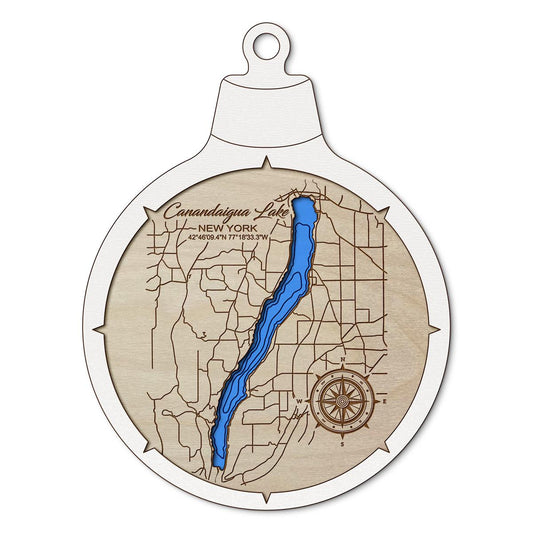 Canandaigua-Ontario-NY Custom 3D Layered Wood Lake Map Ornament | Handcrafted Bathymetric Art