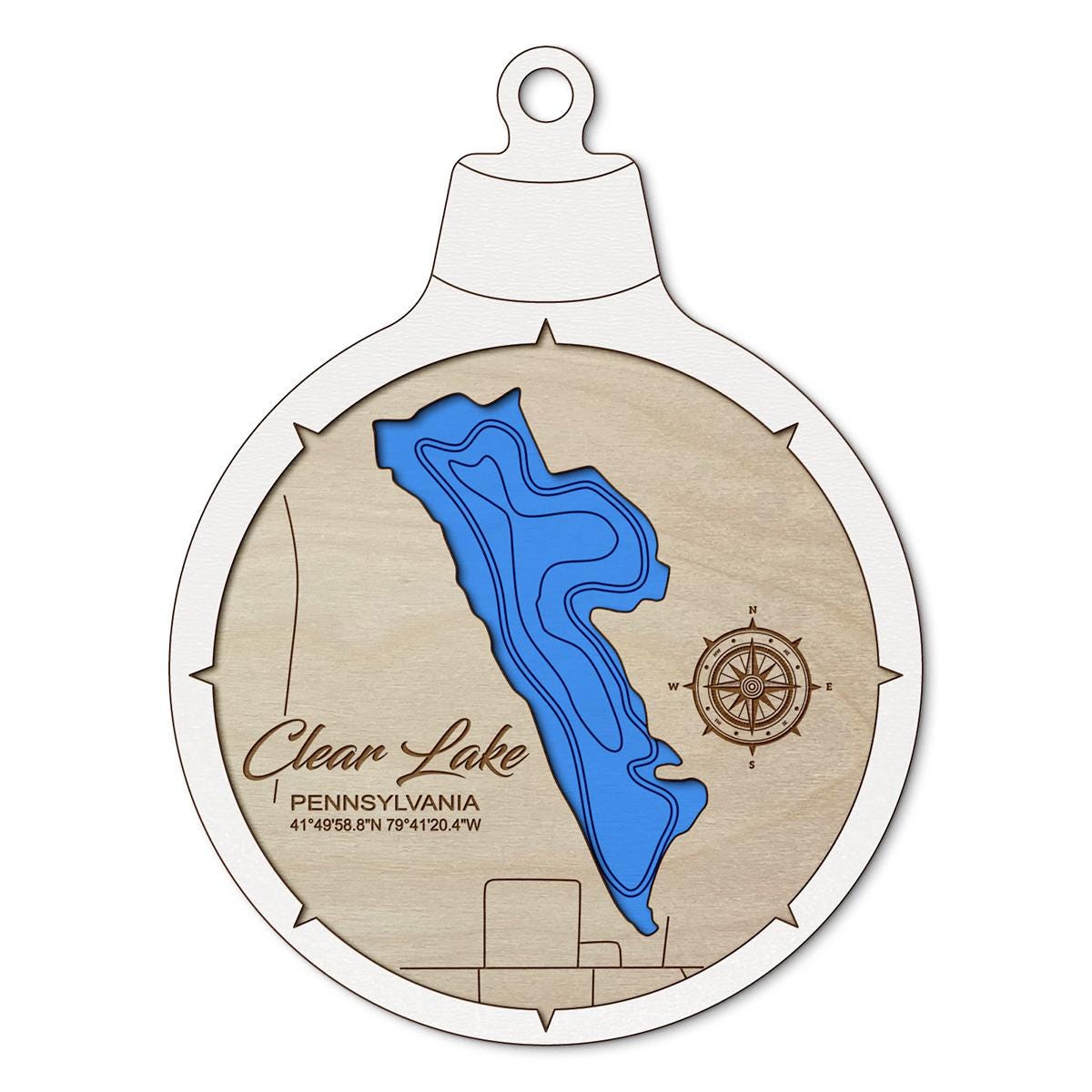 Clear Lake PA Custom 3D Layered Wood Lake Map Ornament | Handcrafted Bathymetric Art