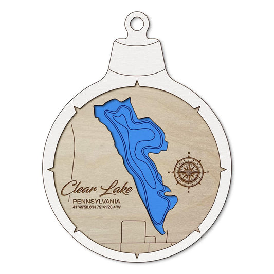 Clear Lake PA Custom 3D Layered Wood Lake Map Ornament | Handcrafted Bathymetric Art