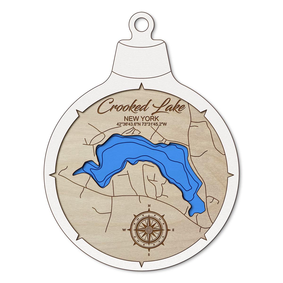 Crooked Lake, Avril Park NY Custom 3D Layered Wood Lake Map Ornament | Handcrafted Bathymetric Art