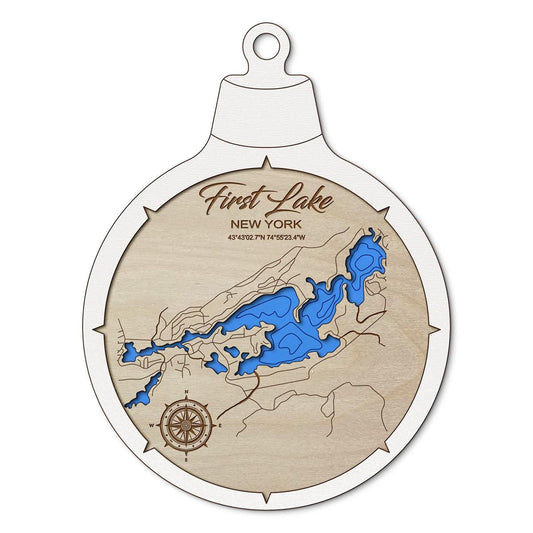 First Lake-Fulton Chain of Lakes NY Custom 3D Layered Wood Lake Map Ornament | Handcrafted Bathymetric Art
