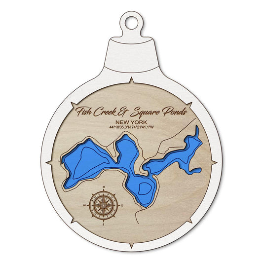 Fish Creek Pond & Square Creek Pond NY Custom 3D Layered Wood Lake Map Ornament | Handcrafted Bathymetric Art