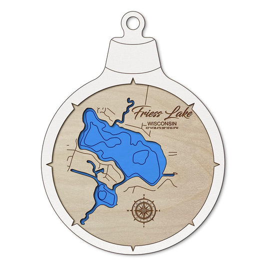 Friess Lake WI Custom 3D Layered Wood Lake Map Ornament | Handcrafted Bathymetric Art