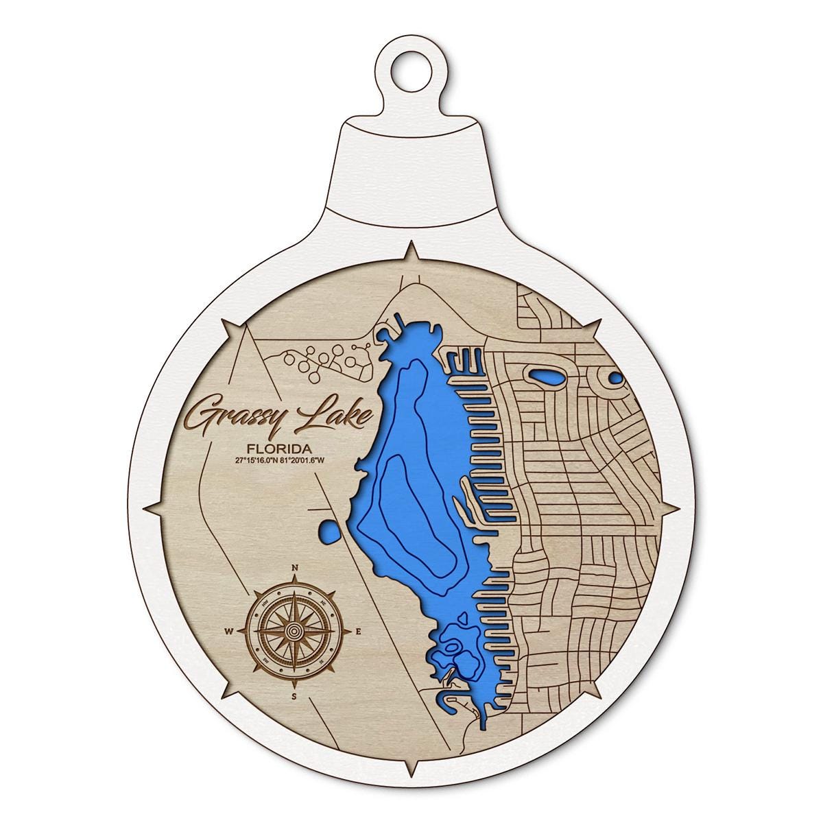 Grassy Lake in Lake Placid, Florida Custom 3D Layered Wood Lake Map Ornament | Handcrafted Bathymetric Art