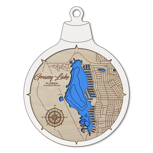 Grassy Lake in Lake Placid, Florida Custom 3D Layered Wood Lake Map Ornament | Handcrafted Bathymetric Art