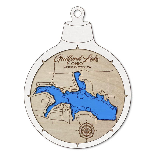 Guilford Lake OH Custom 3D Layered Wood Lake Map Ornament | Handcrafted Bathymetric Art
