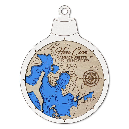 Hen Cove(Bourne) MA Custom 3D Layered Wood Lake Map Ornament | Handcrafted Bathymetric Art
