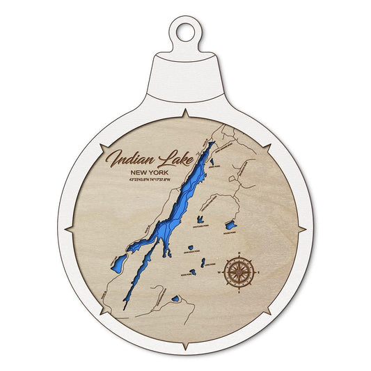 Indian Lake, New York Custom 3D Layered Wood Lake Map Ornament | Handcrafted Bathymetric Art