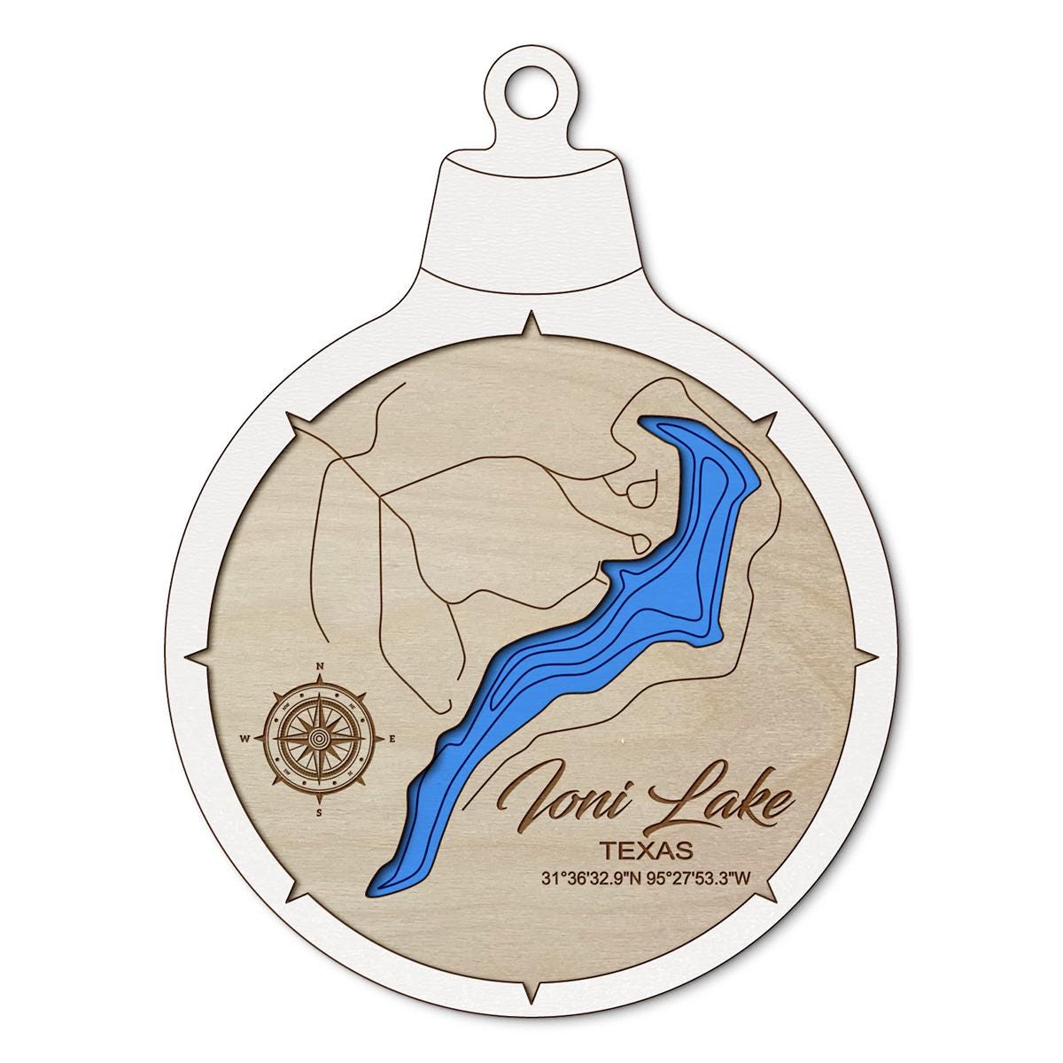 Ioni Lake TX Custom 3D Layered Wood Lake Map Ornament | Handcrafted Bathymetric Art