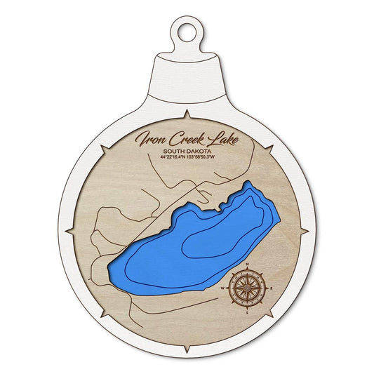 Iron Creek Lake SD Custom 3D Layered Wood Lake Map Ornament | Handcrafted Bathymetric Art