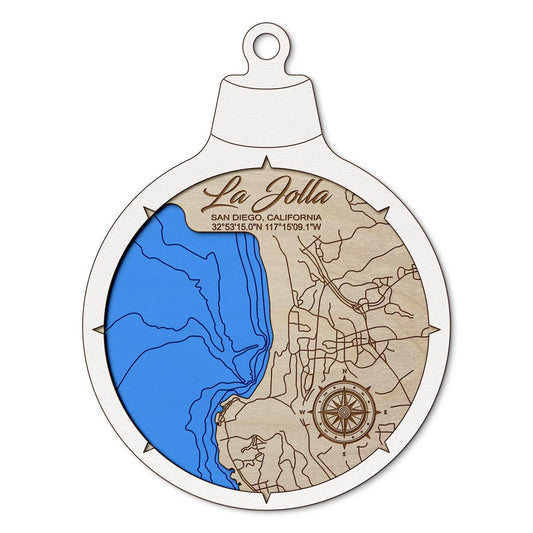 La Jolla San Diego CA Custom 3D Layered Wood Lake Map Ornament | Handcrafted Bathymetric Art