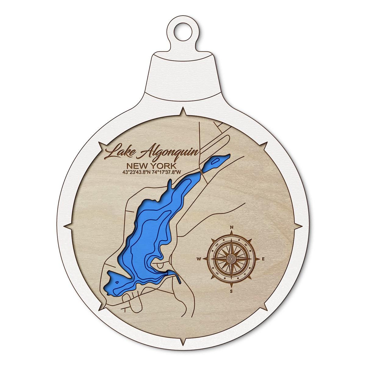 Lake Algonquin NY Custom 3D Layered Wood Lake Map Ornament | Handcrafted Bathymetric Art