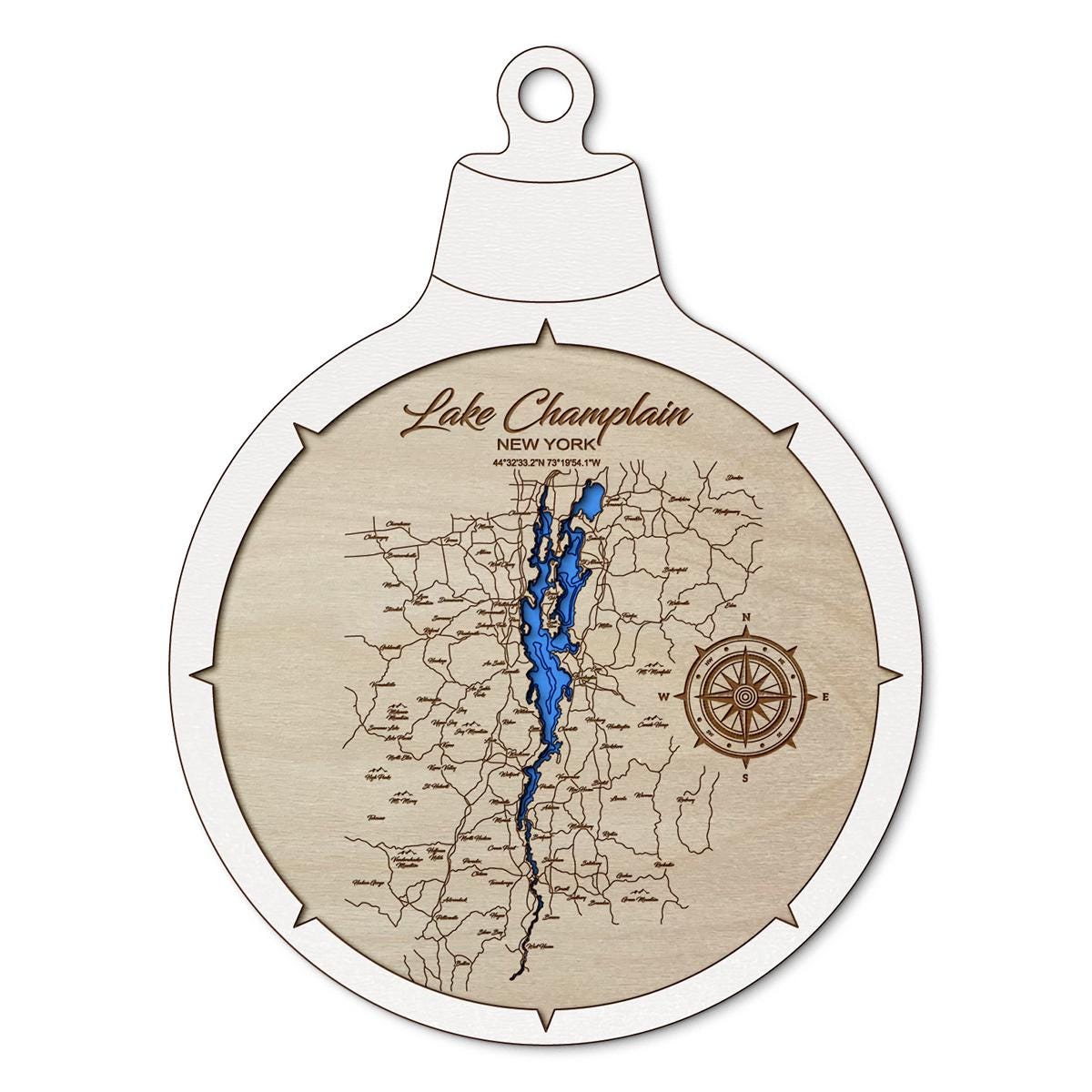Lake Champlain NY Custom 3D Layered Wood Lake Map Ornament | Handcrafted Bathymetric Art