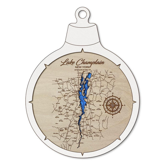 Lake Champlain NY Custom 3D Layered Wood Lake Map Ornament | Handcrafted Bathymetric Art