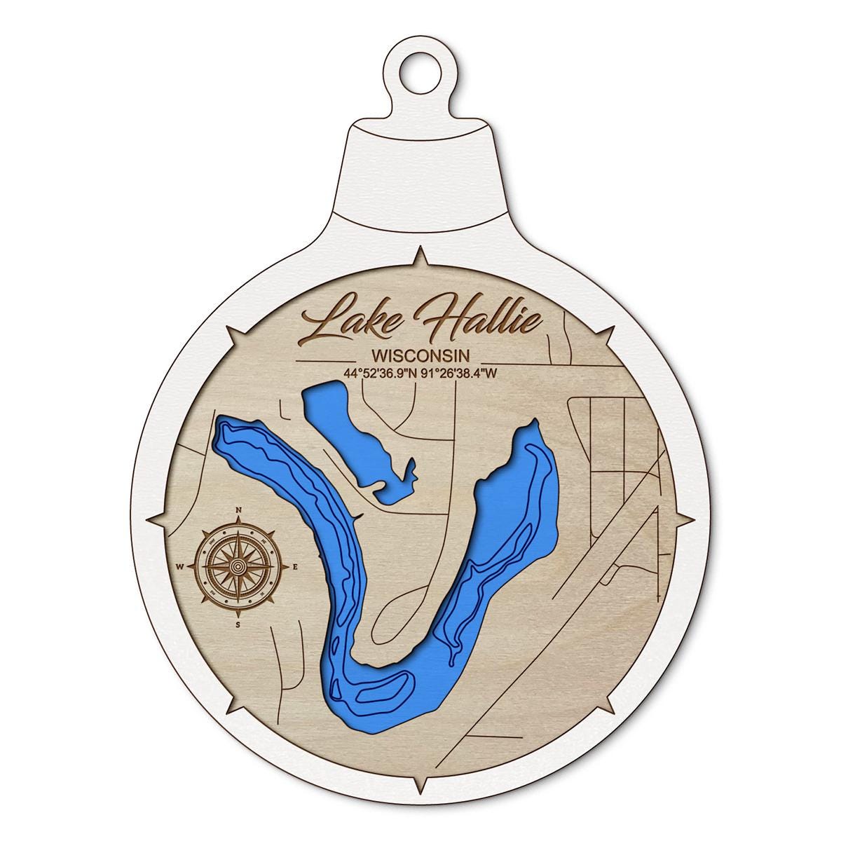 Lake Hallie WI Custom 3D Layered Wood Lake Map Ornament | Handcrafted Bathymetric Art