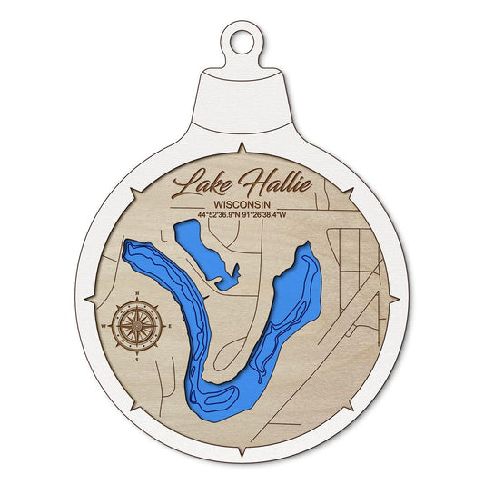 Lake Hallie WI Custom 3D Layered Wood Lake Map Ornament | Handcrafted Bathymetric Art