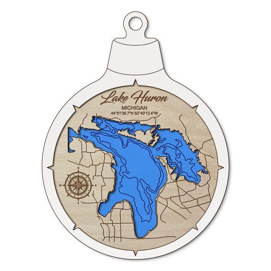 Lake Huron MI Custom 3D Layered Wood Lake Map Ornament | Handcrafted Bathymetric Art