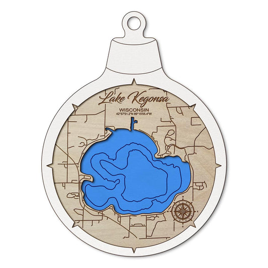 Lake Kegonsa WI Custom 3D Layered Wood Lake Map Ornament | Handcrafted Bathymetric Art