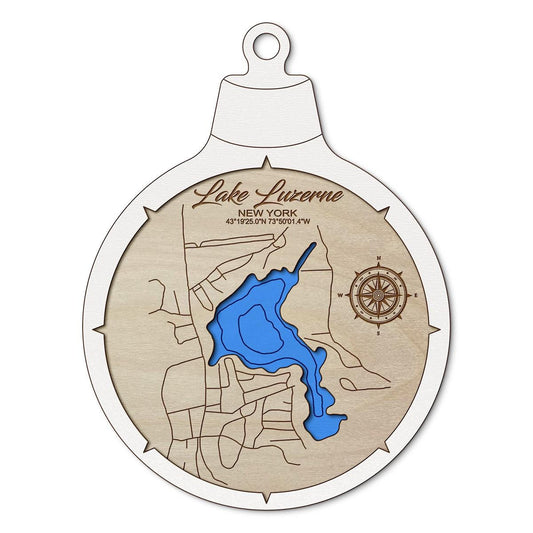 Lake Luzerne NY Custom 3D Layered Wood Lake Map Ornament | Handcrafted Bathymetric Art