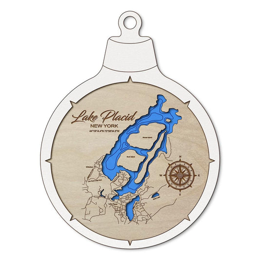 Lake Placid & Mirror Lake NY Custom 3D Layered Wood Lake Map Ornament | Handcrafted Bathymetric Art