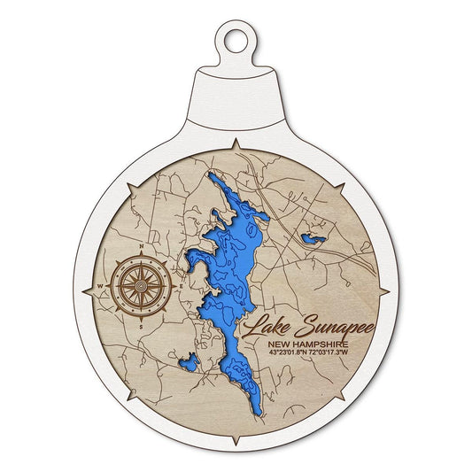 Lake Sunapee NH Custom 3D Layered Wood Lake Map Ornament | Handcrafted Bathymetric Art
