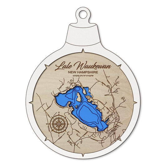 Lake Waukewan NH Custom 3D Layered Wood Lake Map Ornament | Handcrafted Bathymetric Art