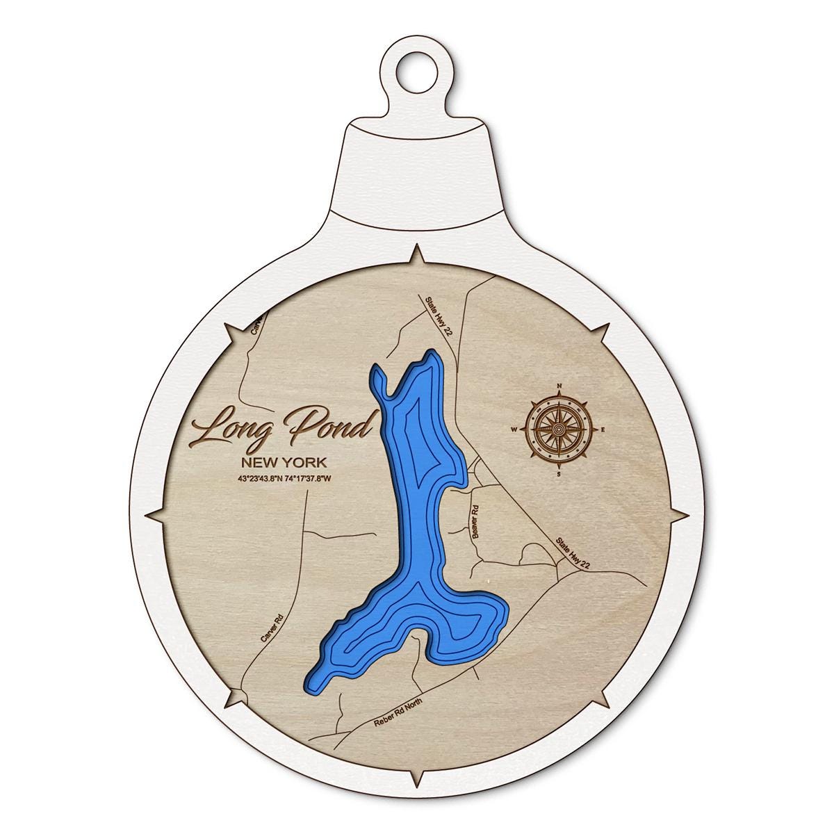 Long Pond in Willsboro, New York Custom 3D Layered Wood Lake Map Ornament | Handcrafted Bathymetric Art
