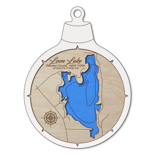 Loon Lake in Steuben County, New York Custom 3D Layered Wood Lake Map Ornament | Handcrafted Bathymetric Art