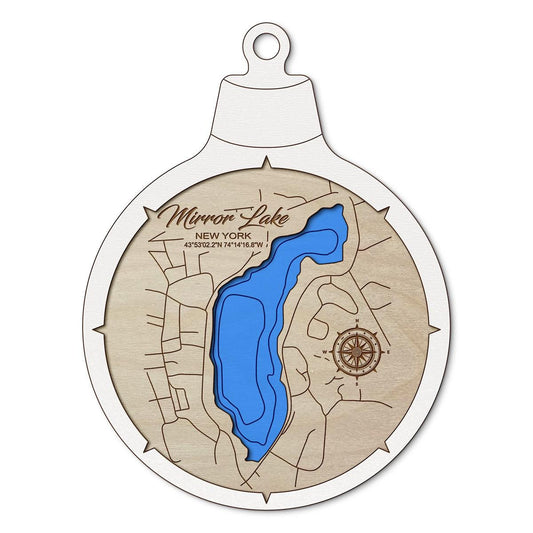 Mirror Lake NY Custom 3D Layered Wood Lake Map Ornament | Handcrafted Bathymetric Art