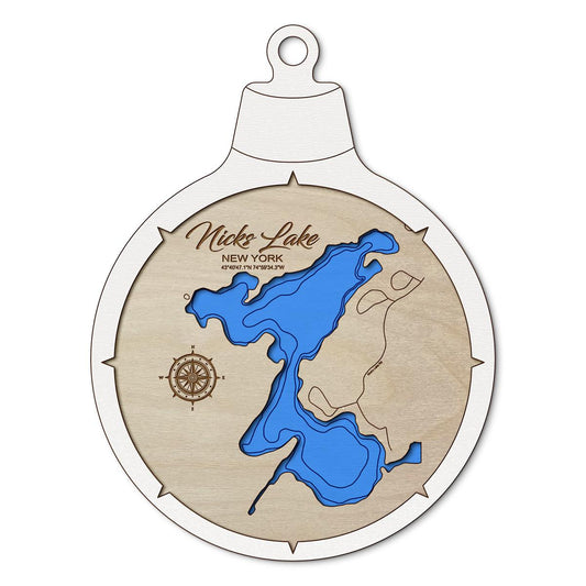 Nicks Lake NY Custom 3D Layered Wood Lake Map Ornament | Handcrafted Bathymetric Art