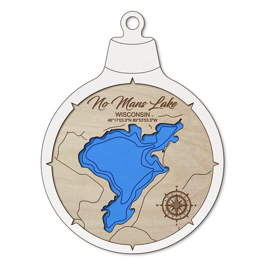 No Mans Lake WI Custom 3D Layered Wood Lake Map Ornament | Handcrafted Bathymetric Art
