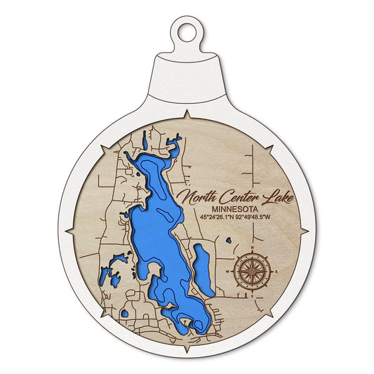 North Center Lake, Minnesota Custom 3D Layered Wood Lake Map Ornament | Handcrafted Bathymetric Art