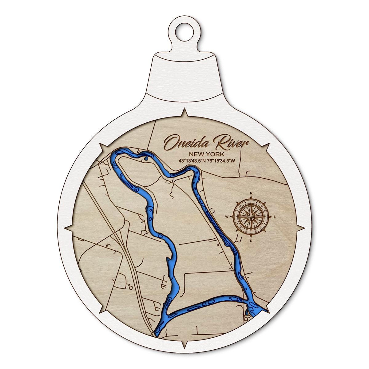 Oneida River NY Custom 3D Layered Wood Lake Map Ornament | Handcrafted Bathymetric Art