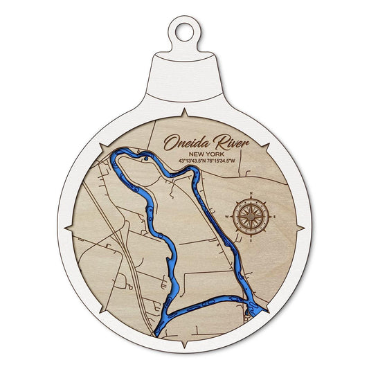 Oneida River NY Custom 3D Layered Wood Lake Map Ornament | Handcrafted Bathymetric Art