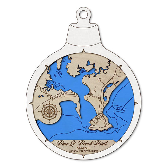 Pine & Prout Points ME Custom 3D Layered Wood Lake Map Ornament | Handcrafted Bathymetric Art