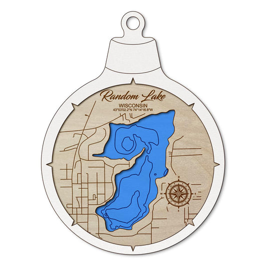 Random Lake WI Custom 3D Layered Wood Lake Map Ornament | Handcrafted Bathymetric Art